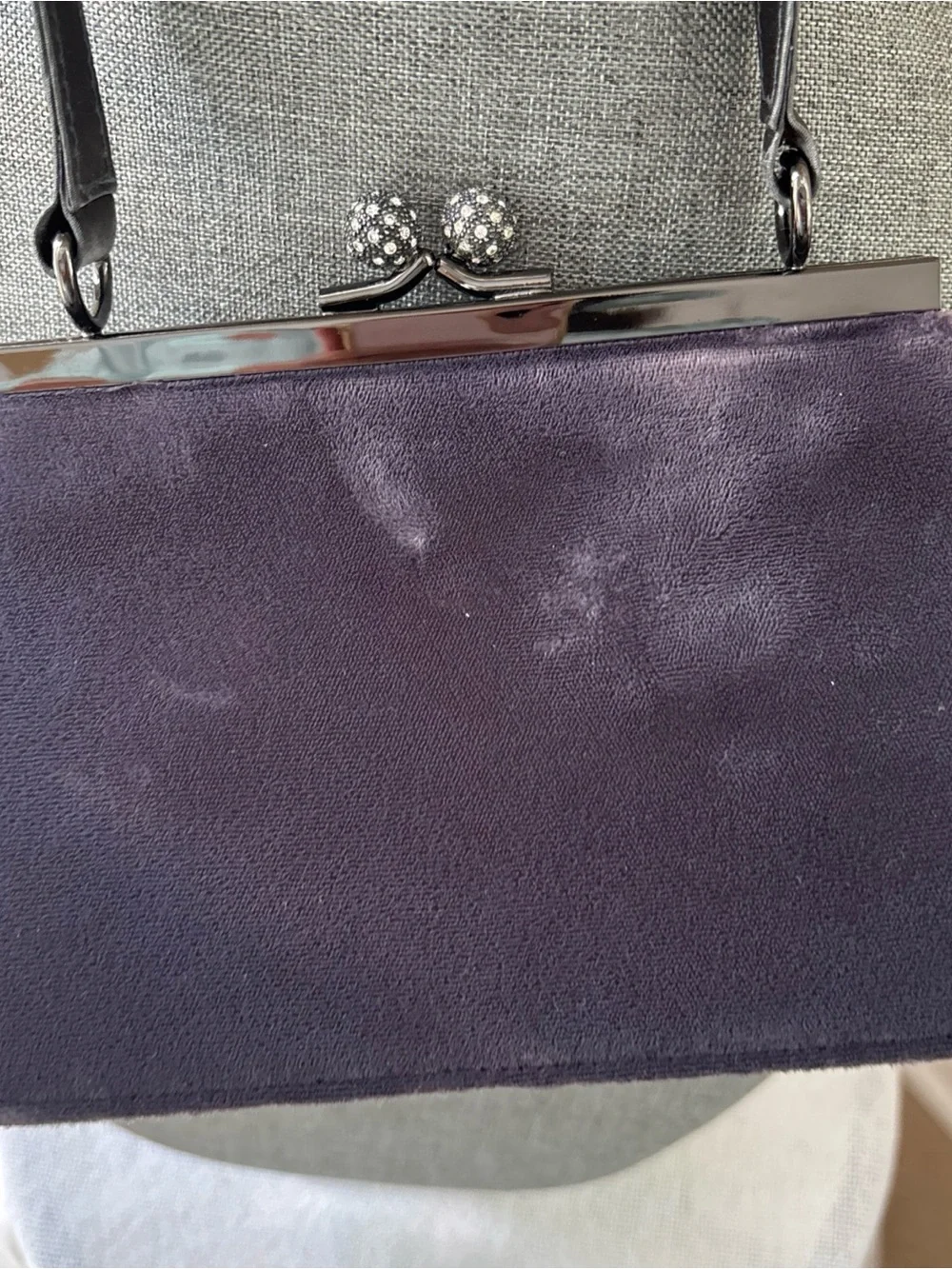 Vintage Valerie Stevens plum grey velvet top handle bag rhinestone kiss lock Y2K